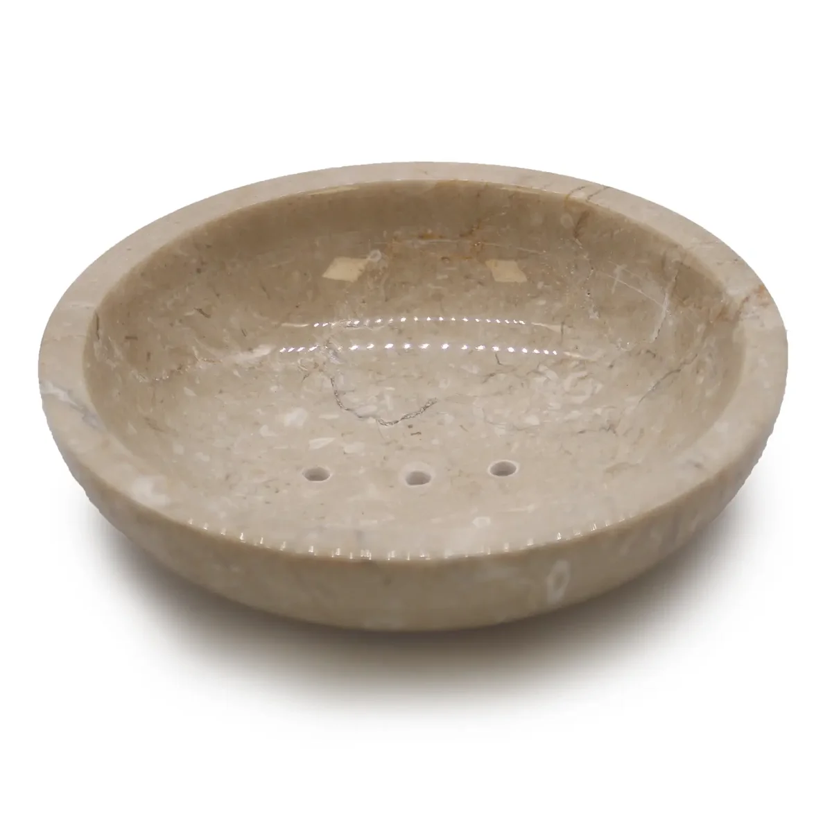 Round honey marble soap dish with smooth surface, perfect for holding soap.