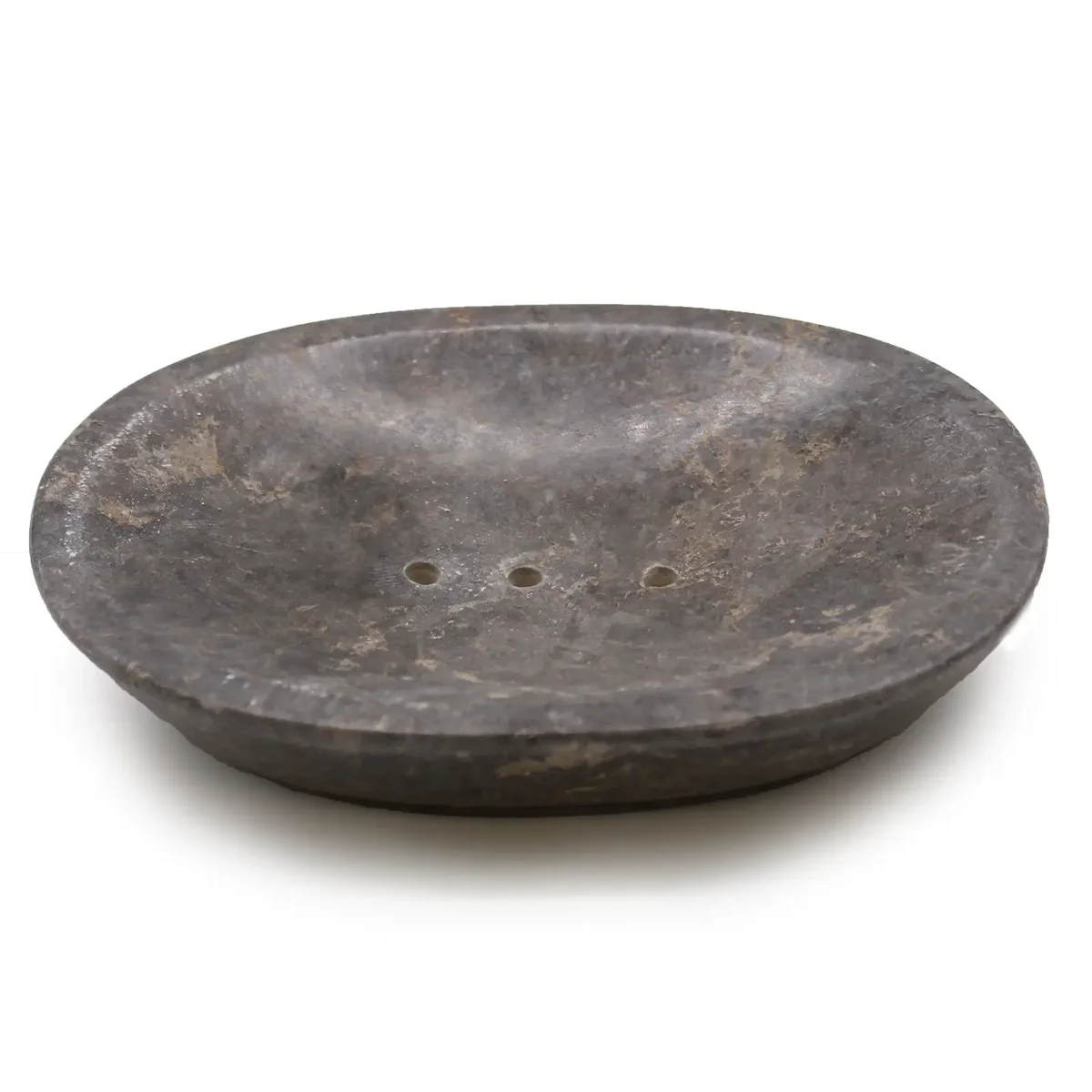 Grey marble oval soap dish with subtle veining and smooth polished finish.