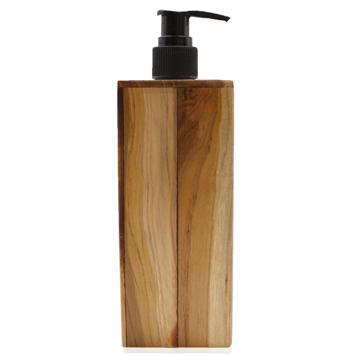 Square natural teakwood wooden soap dispenser, showcasing a rustic wood finish