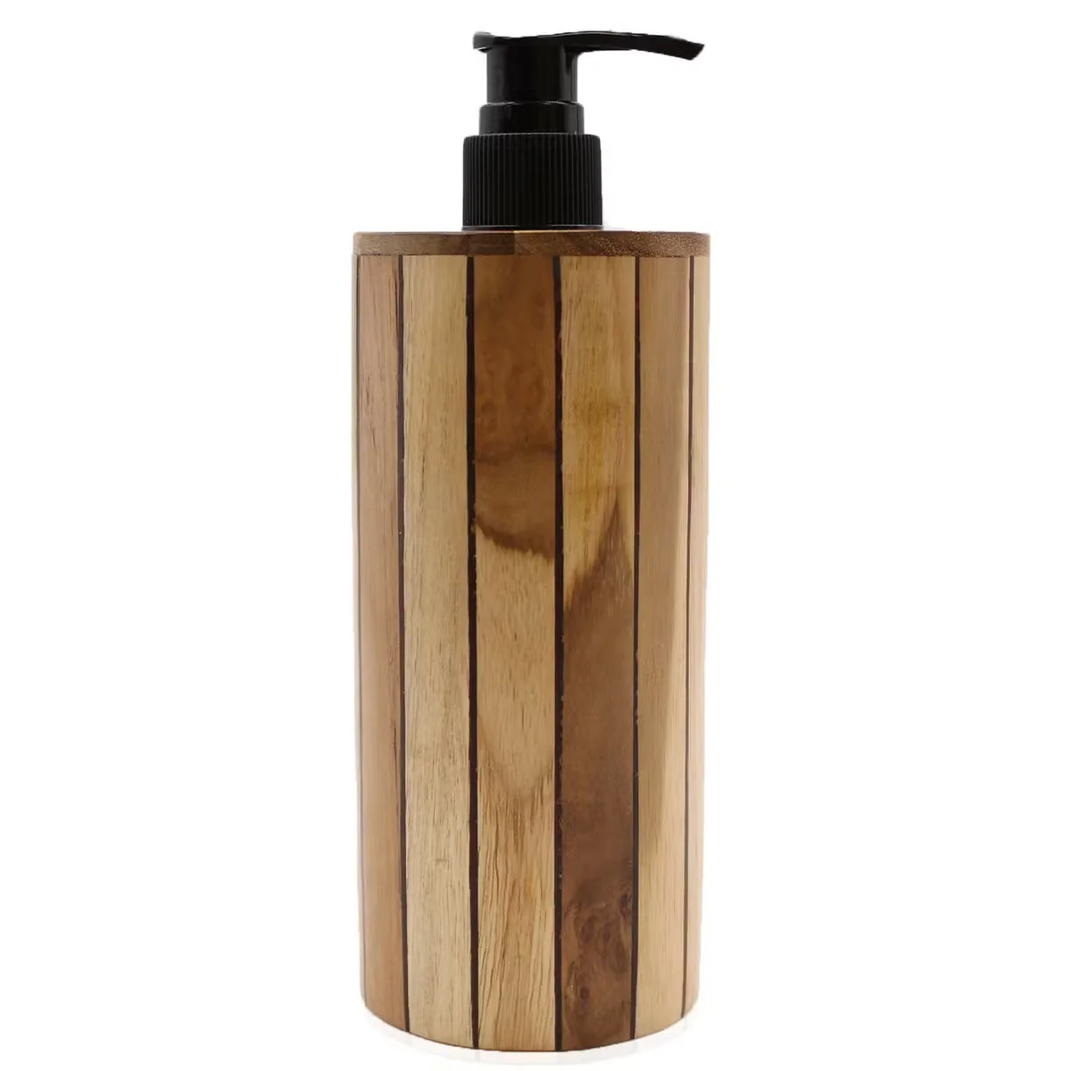 Round natural teakwood soap pump on wooden surface inside a close‑up shot.