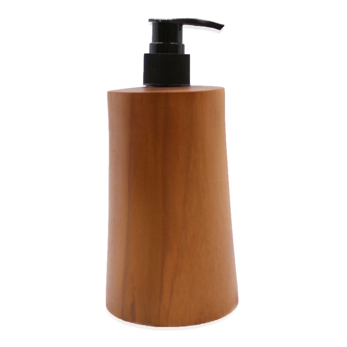 Tapered teakwood soap dispenser with natural wooden finish.
