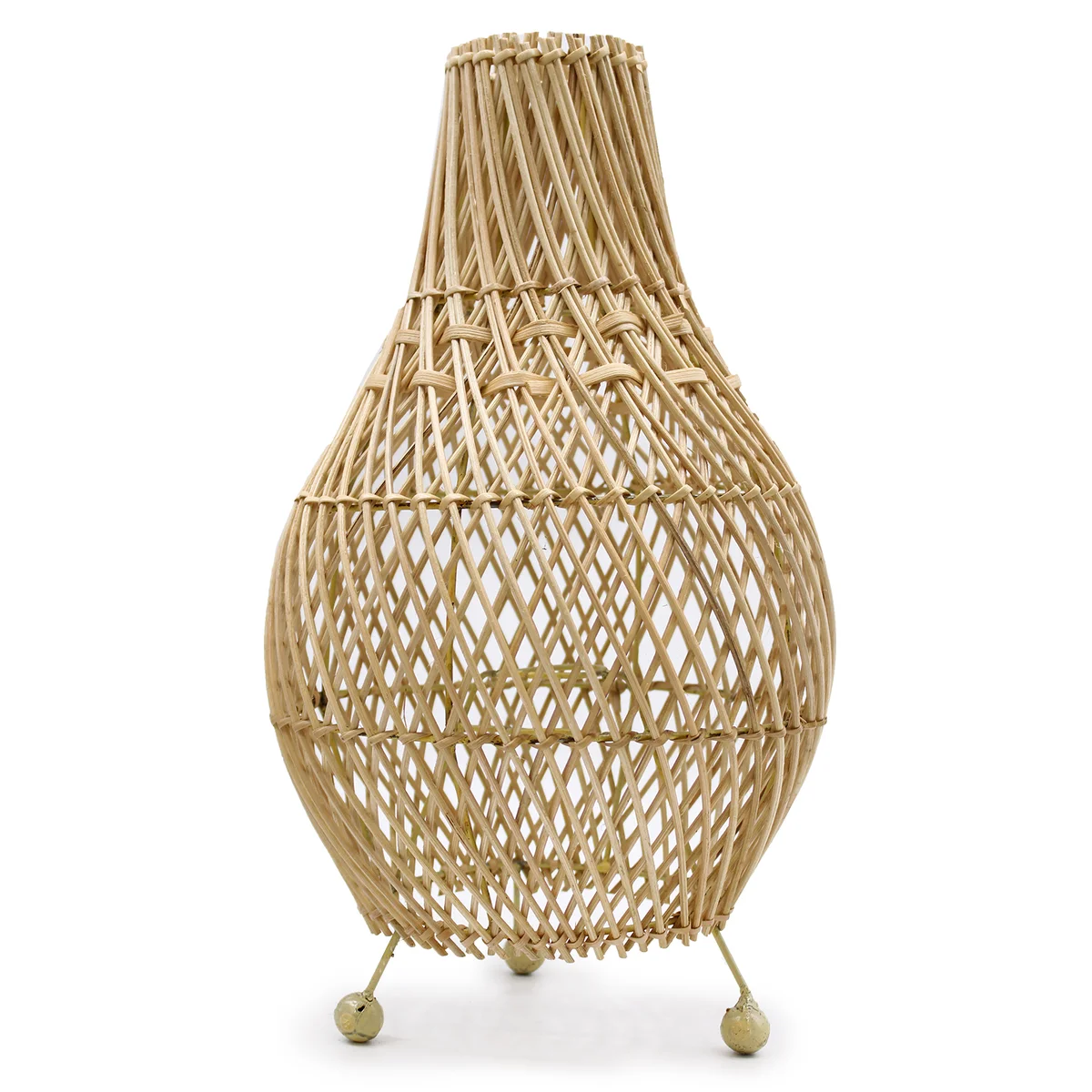 Natural rattan desk lamp with woven shade, displayed on a simple table.
