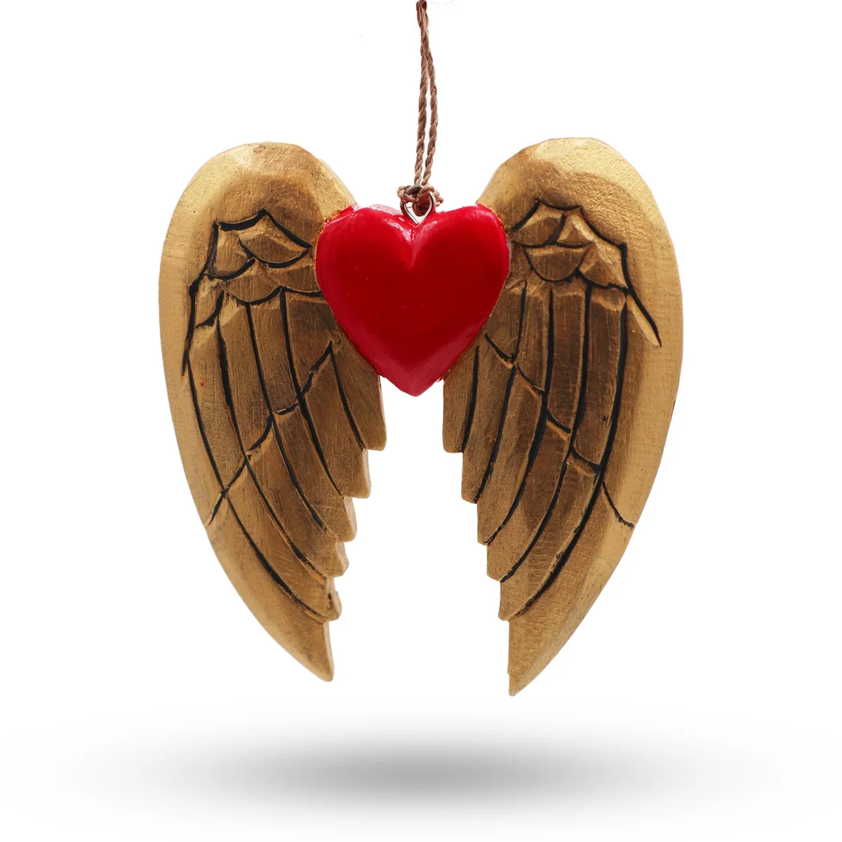 Gold Christmas angel wing and heart with black accents, festive decorative detail