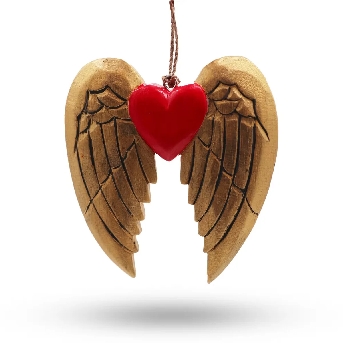 Gold holiday ornament featuring angel wings and a heart with black accents
