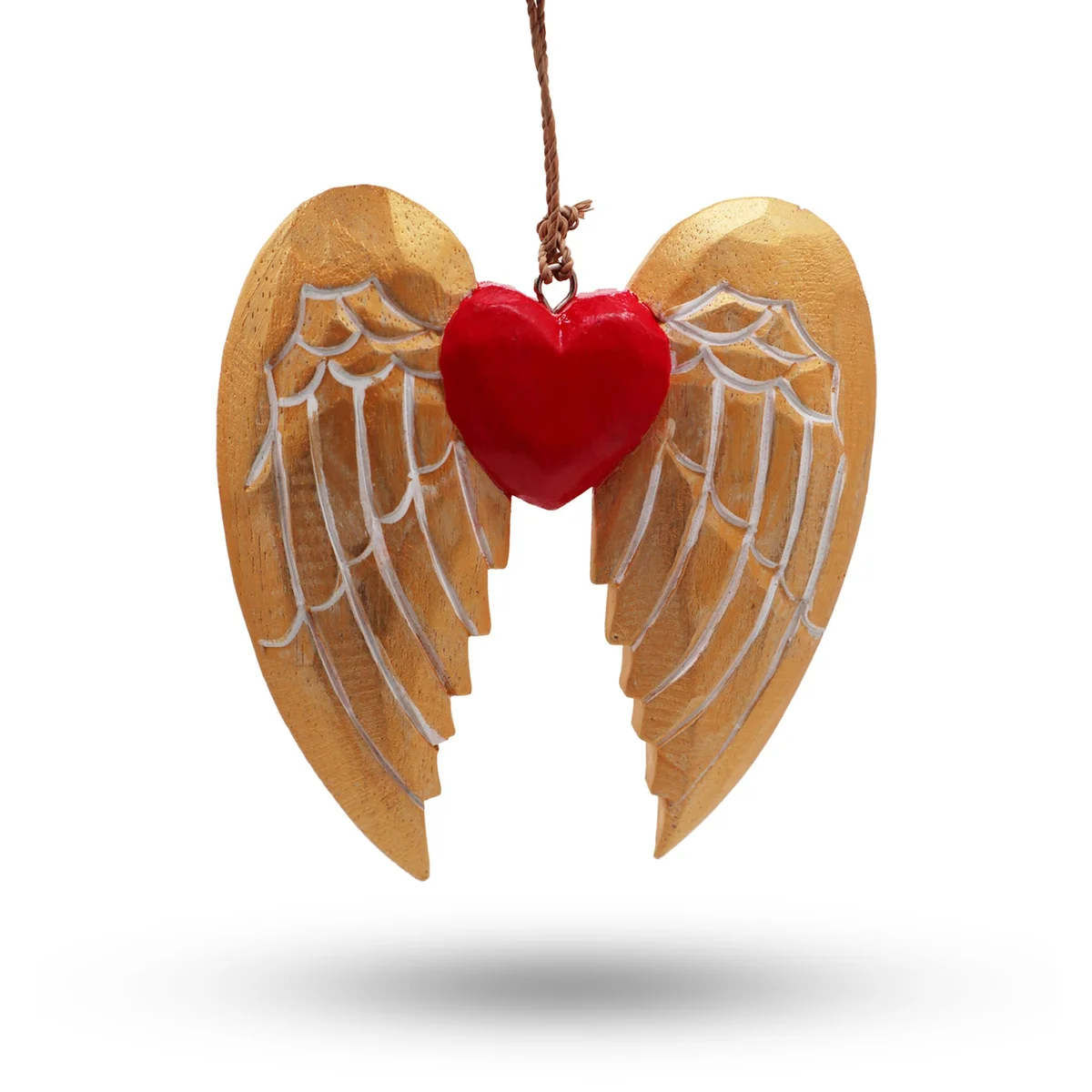 Gold christmas ornament featuring angel wing and heart with white detail.