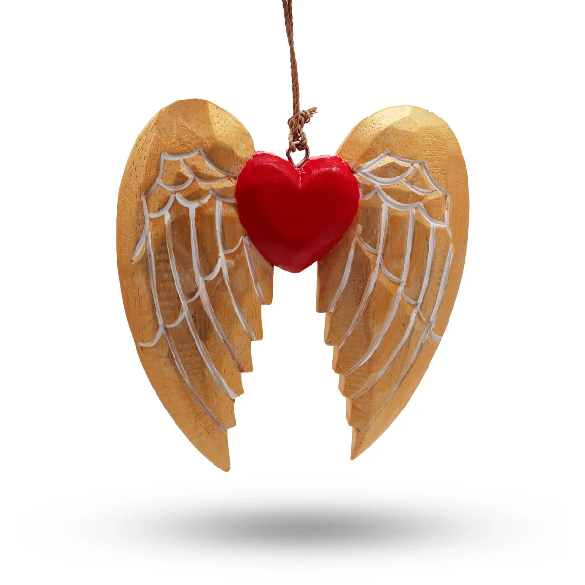 Gold angel wing ornament with heart detail and white accents.