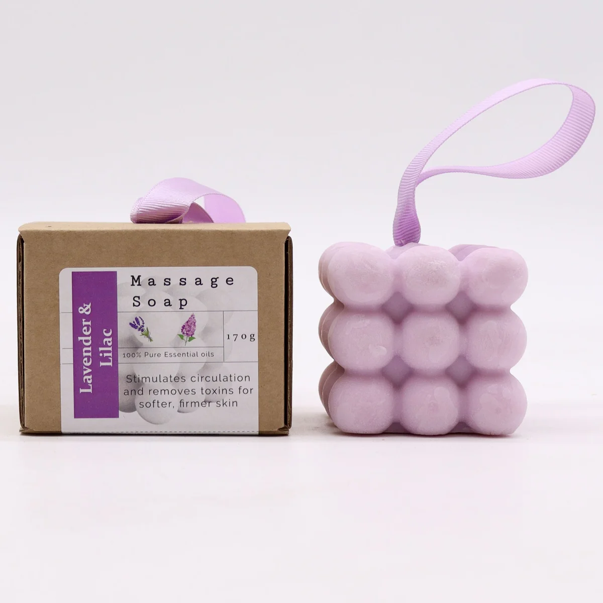 Boxed single lavender massage soap with lilac accents