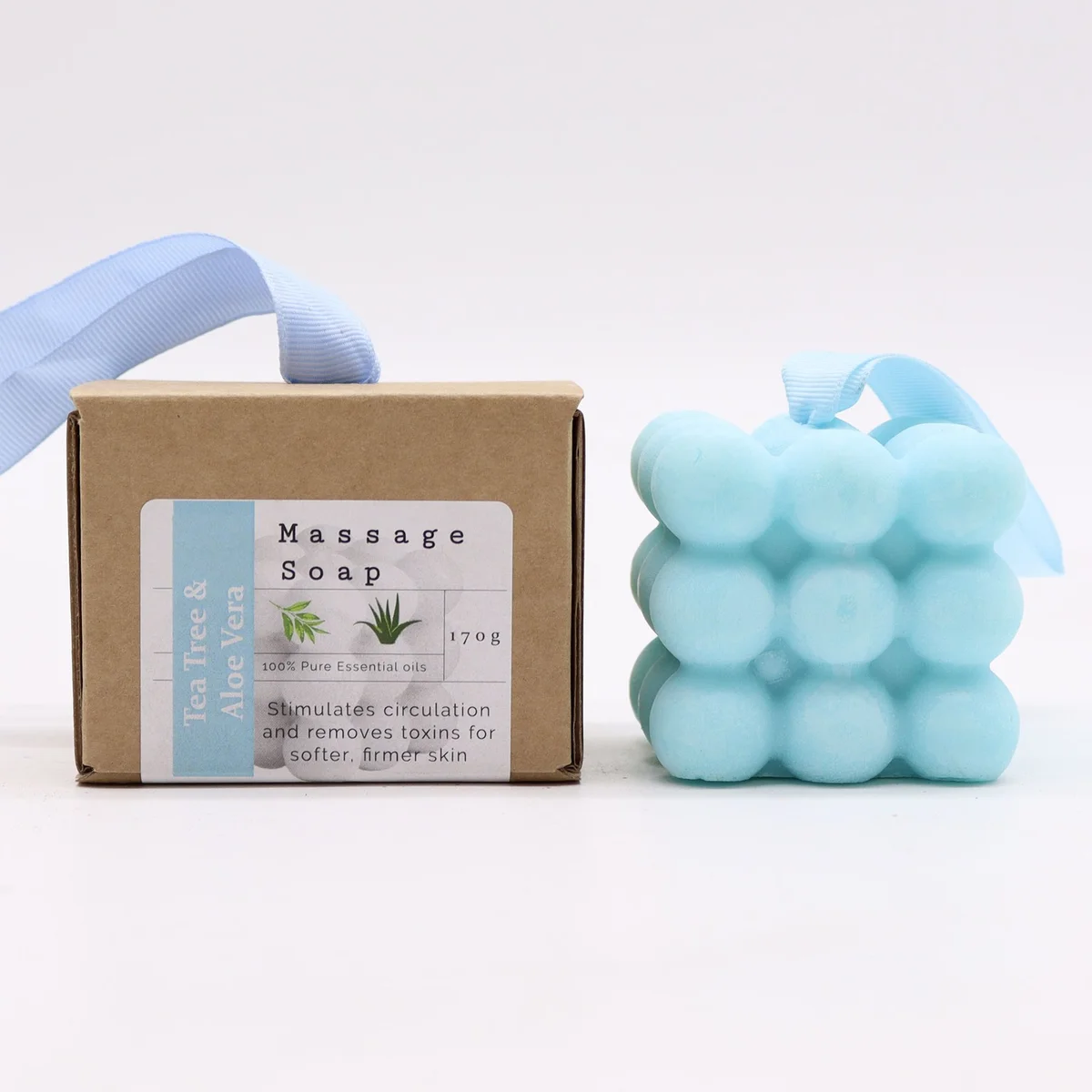 Boxed single tea tree massage soap with aloe vera label