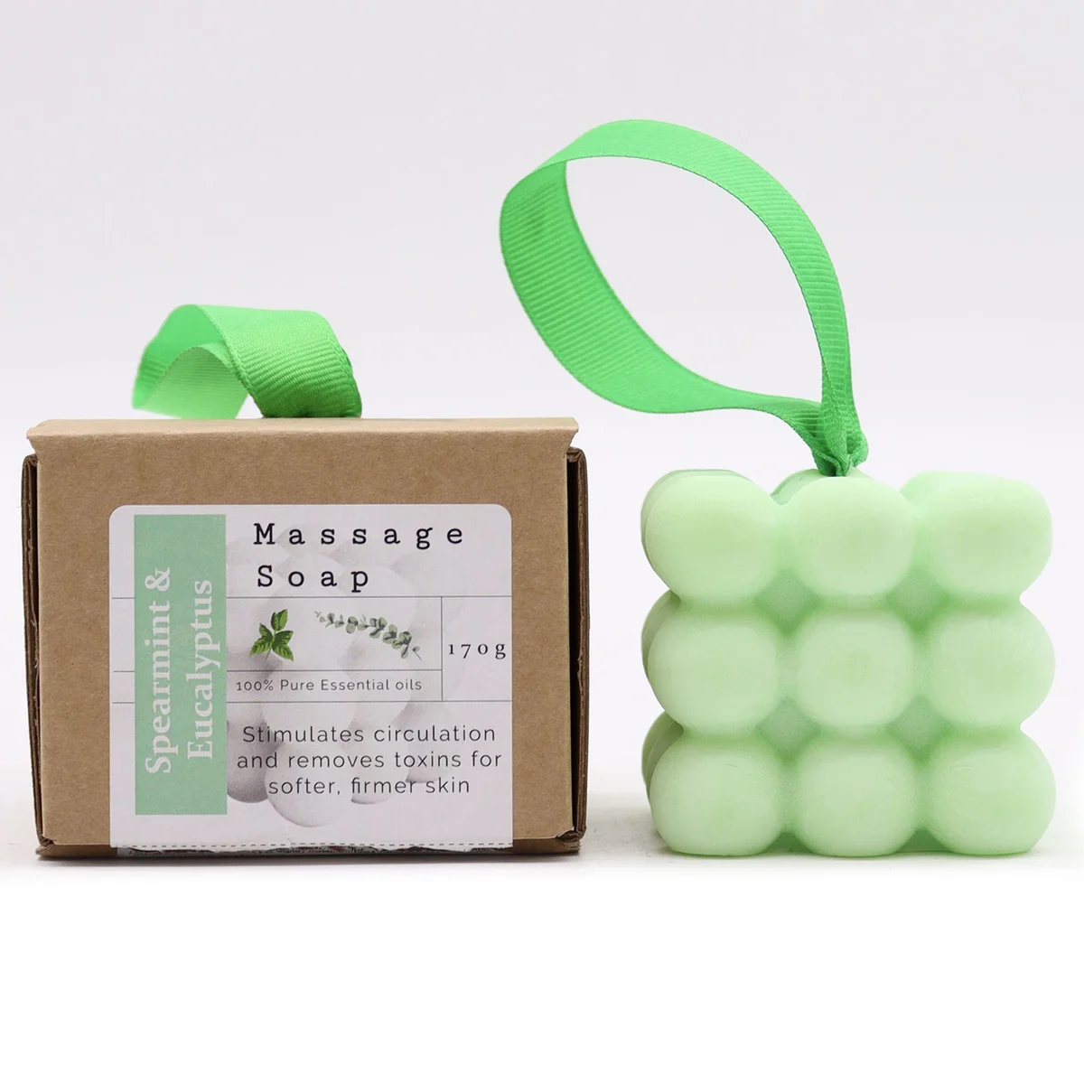 Boxed single massage spearmint eucalyptus soap wrapped in green paper.