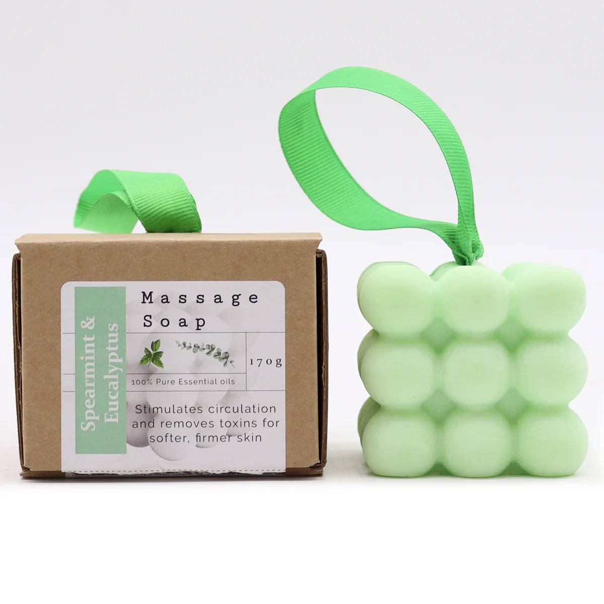 Spearmint soap and eucalyptus massage soap displayed in a small decorative box