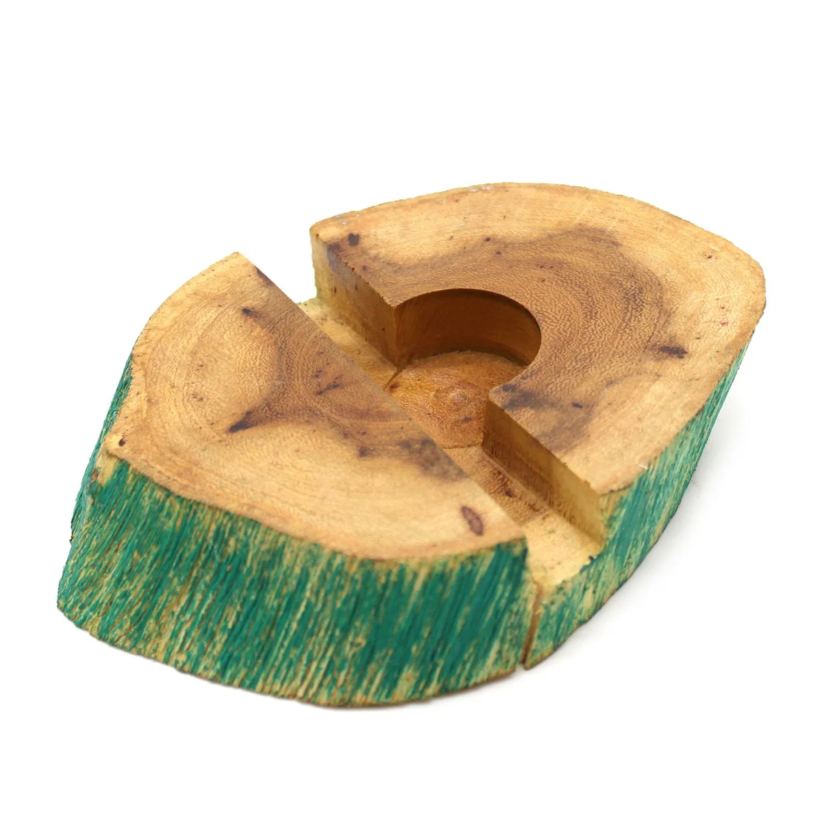 Large wooden phone holder in greenwash finish designed to hold phones securely on flat surfaces