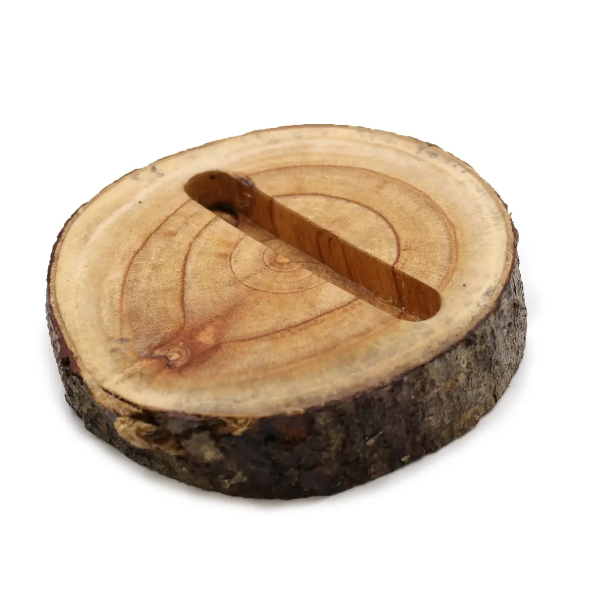 Small natural phone holder made from a small log with a slot to hold a phone upright on a flat surface