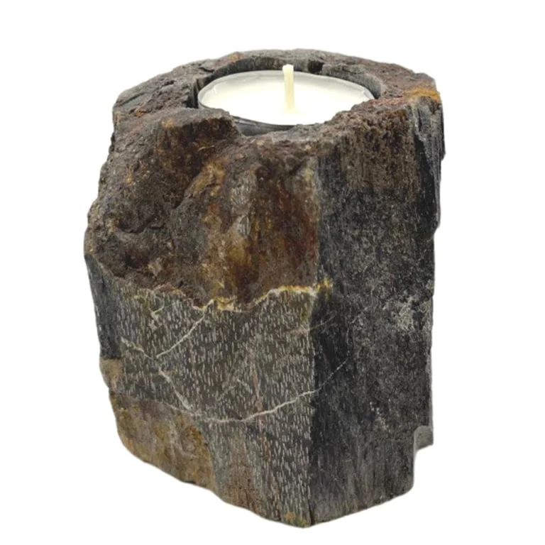 Single low candle holder made of petrified wood, simplistic natural design.
