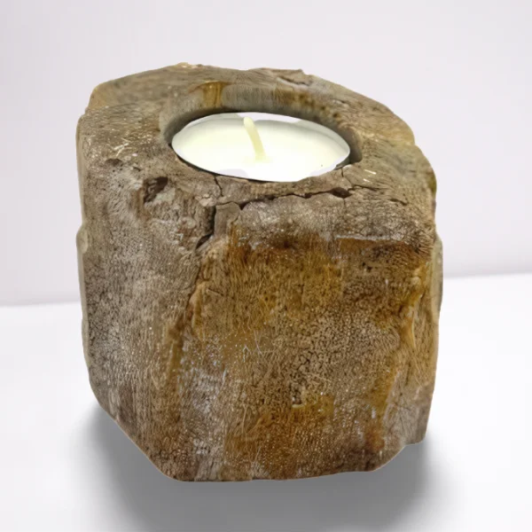 Decorative candle holder made of petrified wood, standing upright, single low design.