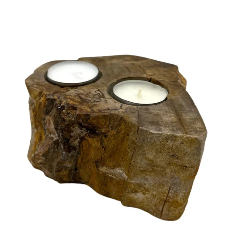Double petrified wood candle holder with paired upright wooden stems holding small candles