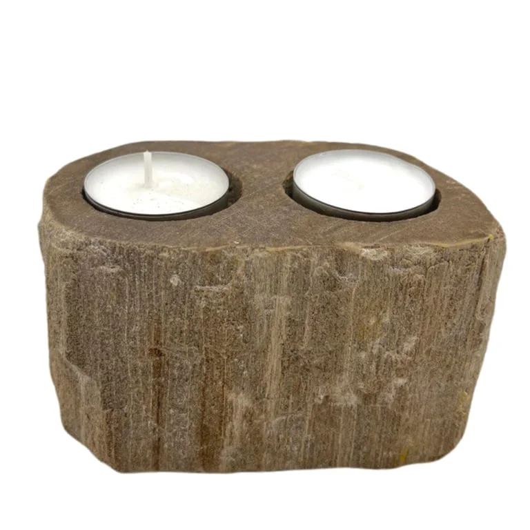 Double natural wood candle holder made from petrified wood