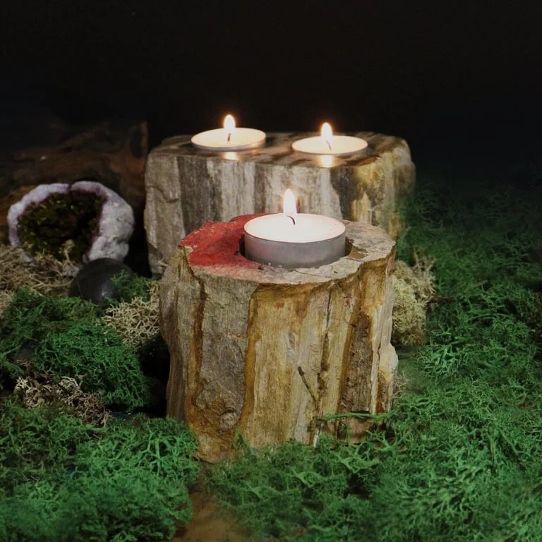 Two-bracelet-petrified wood candle holder, a unique candle holder with natural bark texture