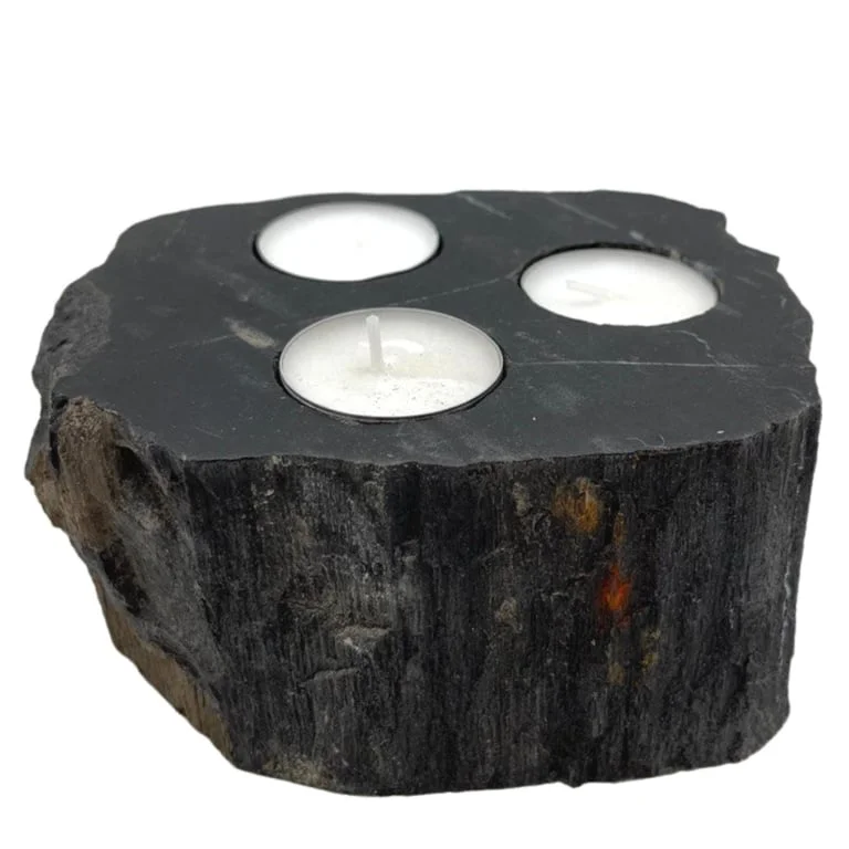 Triple petrified wood candle holder with three candle slots and natural stone finish.