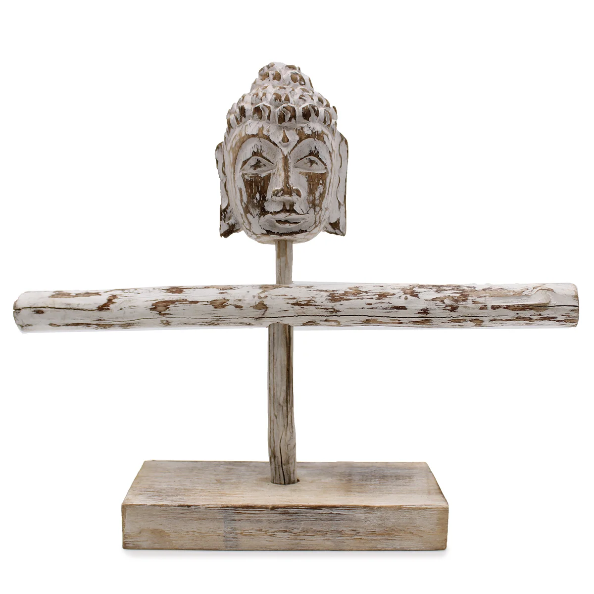 Whitewash single branch decoration with Buddha stand showing minimalist design and natural wood texture on white background