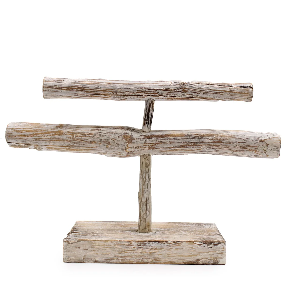 Whitewash double branch jewellery stand with two branches for hanging necklaces and bracelets on a flat base