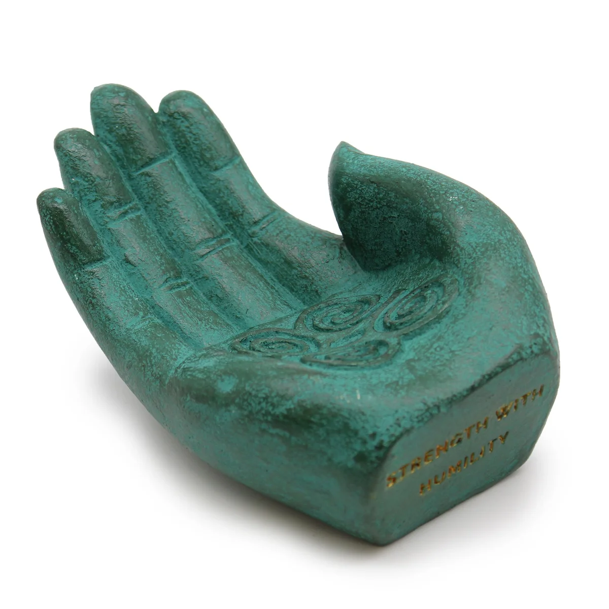 Green hand incense burner shaped like a hand, designed for burning incense sticks or cones, labeled Strength.