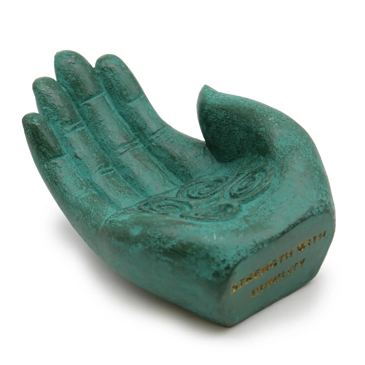 Hand-shaped incense burner green with "Strength" design, used for burning incense sticks or cones