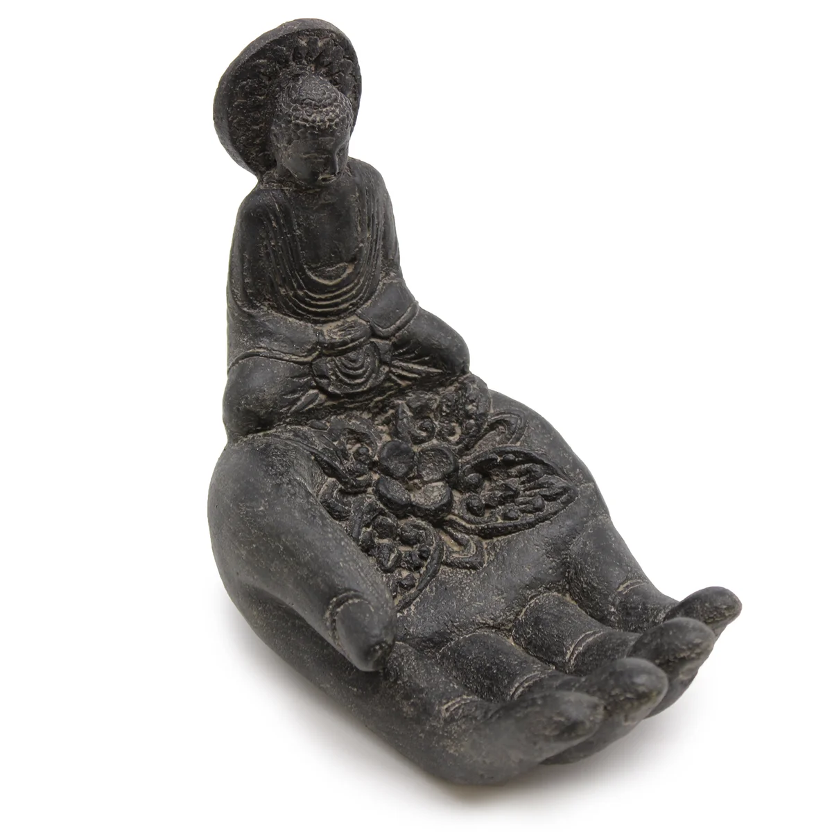 Black incense burner featuring Buddha and hand design, sleek and minimalist style for home decor and relaxation