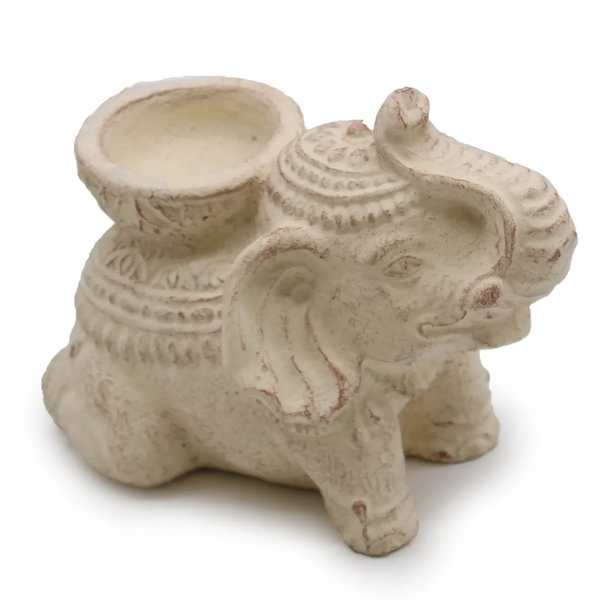 Cream elephant-shaped candle holder designed for holding incense and candles on a flat surface