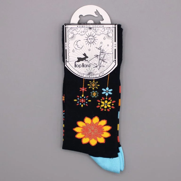 Bright mandala flower socks in bamboo material, white background, showcasing colourful patterned design.