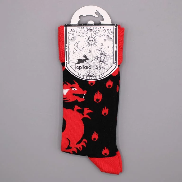 Pair of bamboo socks red dragons in a lively, colourful dragon design.