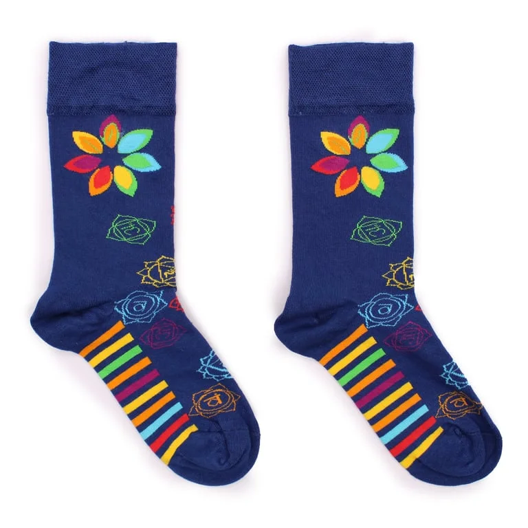 Rainbow chakra bamboo socks M/L shown in a bundle.