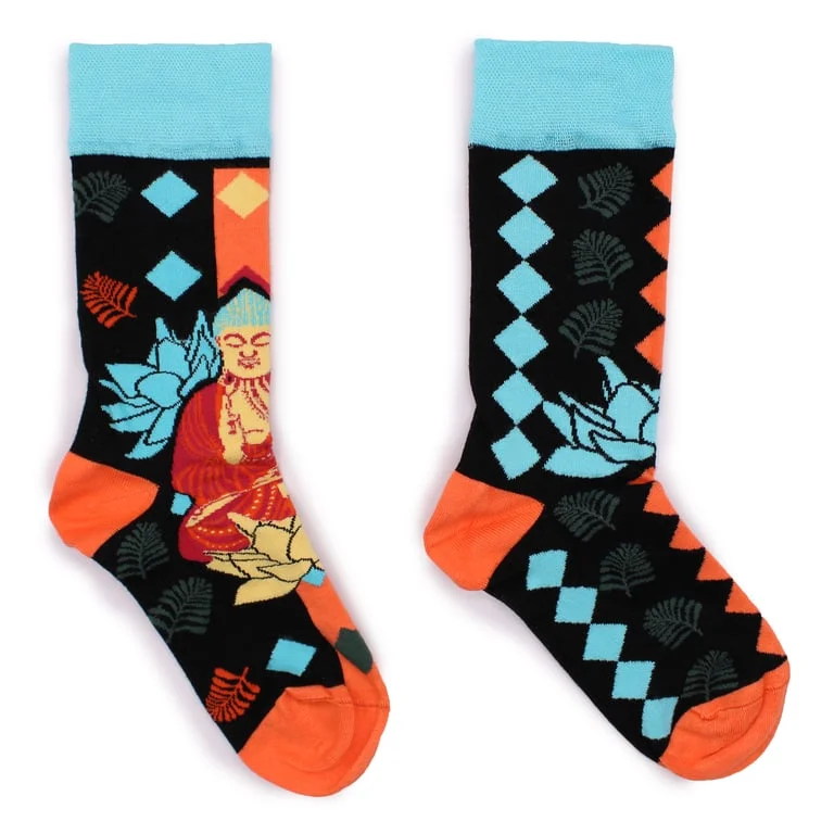 Blue Buddha and Lotus patterned bamboo socks M/L from Hop Hare, shown in a pair on a plain background.