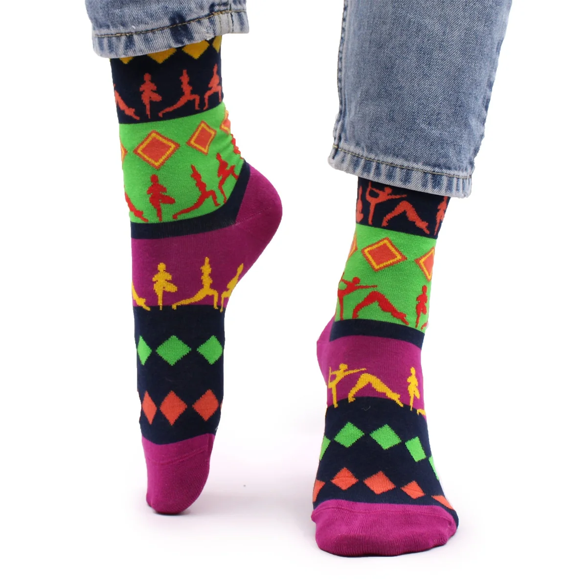 Pair of Hop Hare S/M bamboo yoga socks featuring yoga pose designs on a soft fabric background