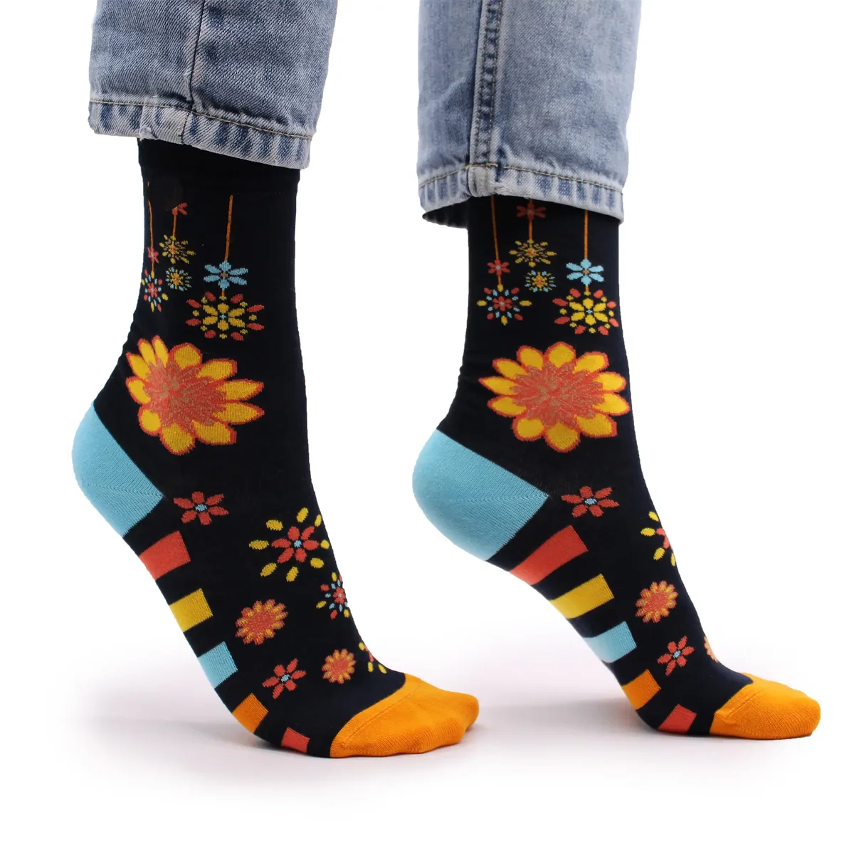 Pair of S/M Hop Hare mandala flower socks in bamboo fabric with colorful floral mandala patterns