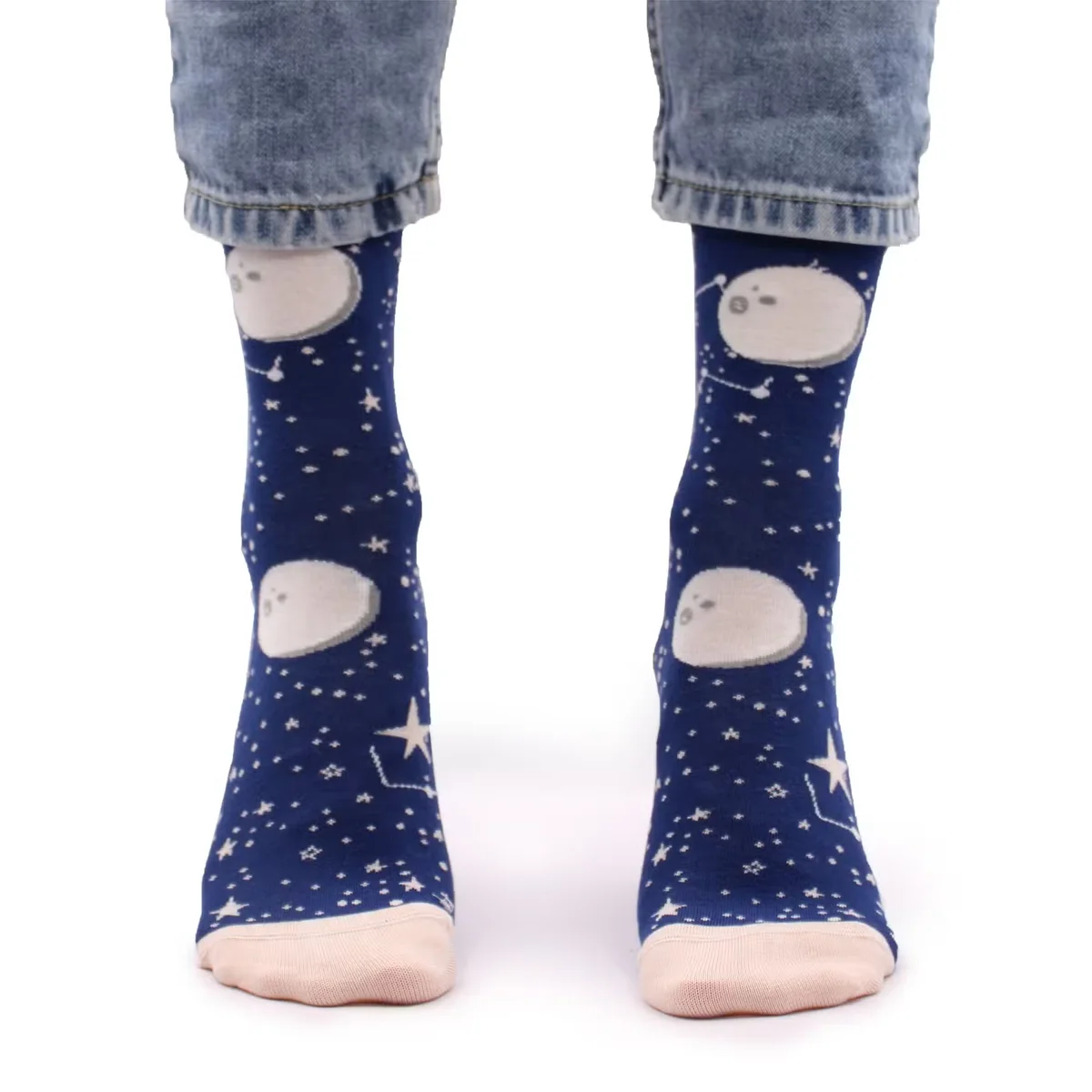 Pair of Hop Hare Moon Walk comfortable bamboo socks in size S/M displayed flat on white background