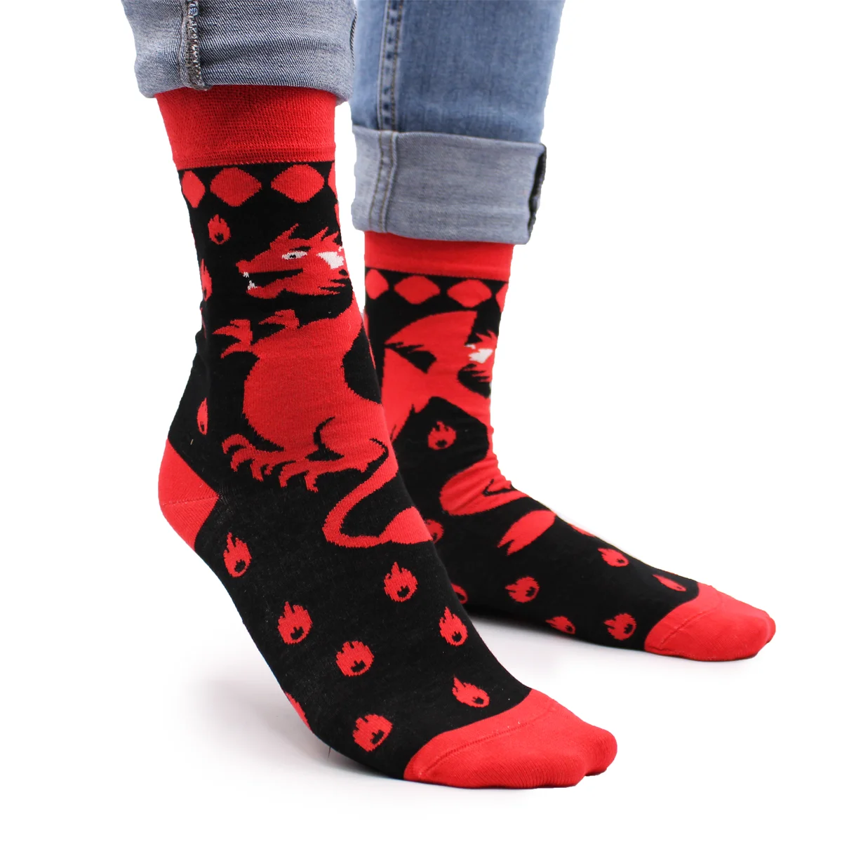 Pair of red dragon patterned bamboo socks size S/M laid flat on white background