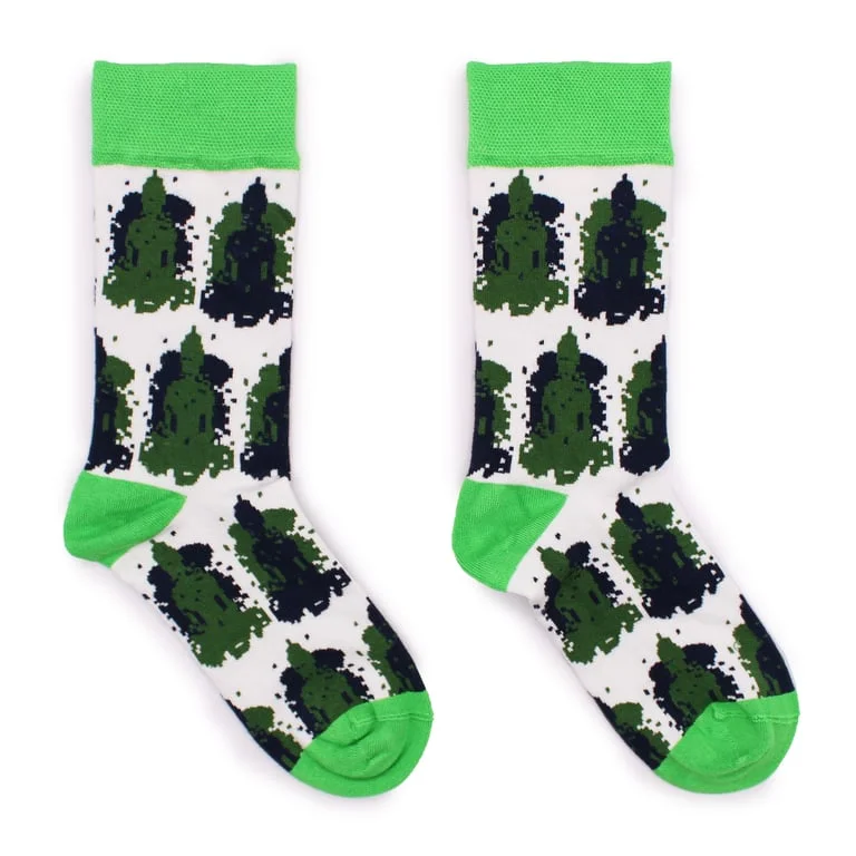 Pair of bamboo socks in S/M size featuring a Bali Buddha pattern