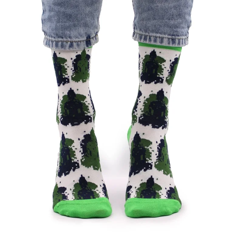 Comfortable bamboo socks featuring a Bali Buddha pattern, in a relaxed pair layout