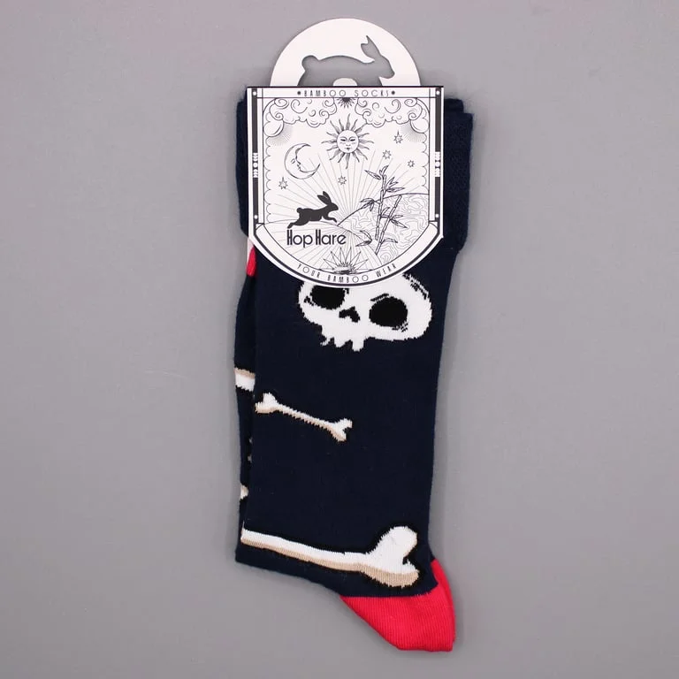 S/M blue Hop Hare bamboo socks featuring skulls and bones design.