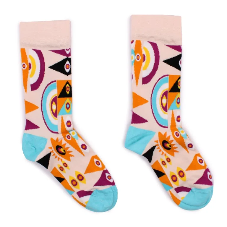 Hop Hare bamboo socks in psychedelic evil eye pattern.