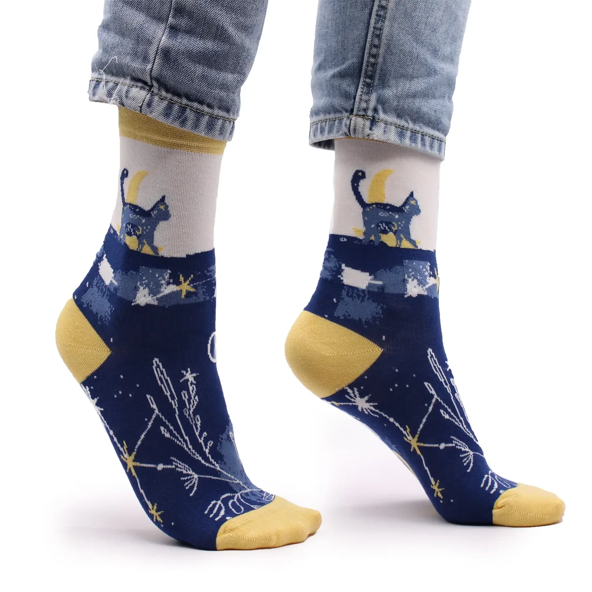 Pair of Hop Hare S/M bamboo midnight cat socks in dark midnight blue with cat design on ankle area