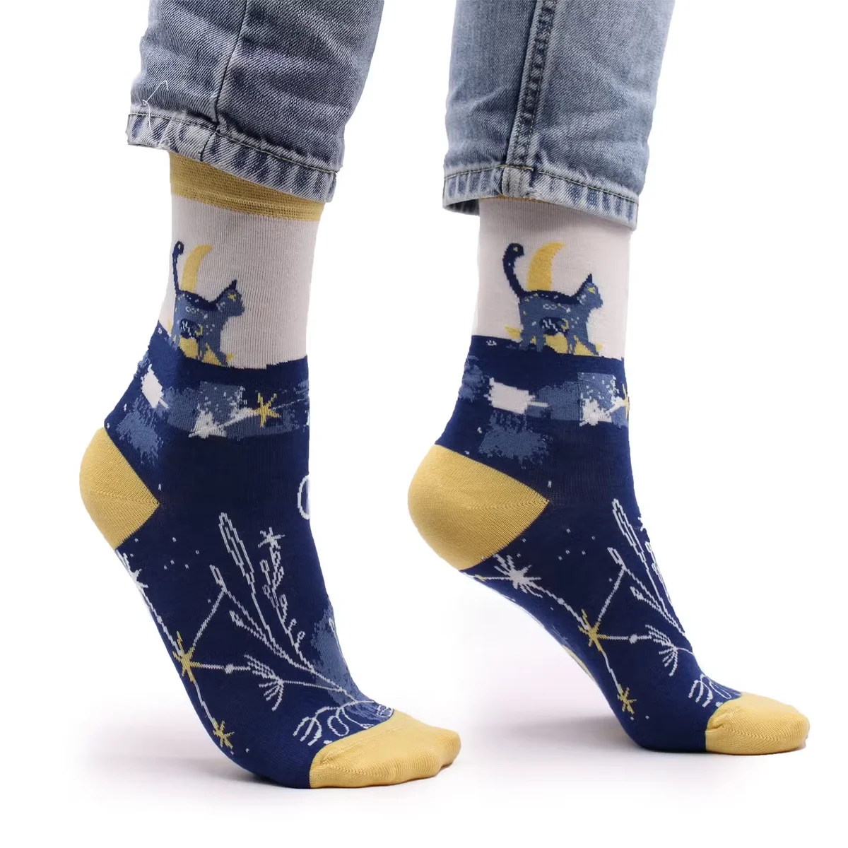 Midnight Cat design on comfortable bamboo socks in size S/M from Hop Hare, shown folded against a white background