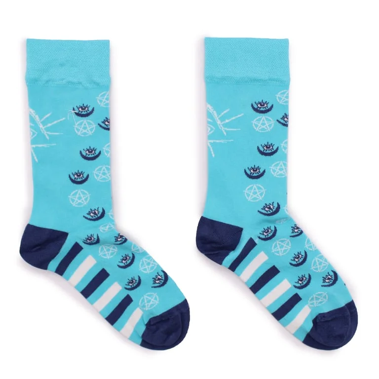 Bamboo socks with pentagram and evil eye patterns, shown as a pair on a neutral background.