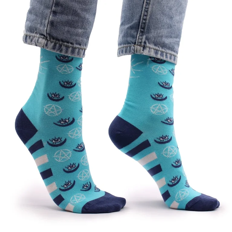 Comfortable bamboo socks with pentagram and Evil Eye design, shown on white background.