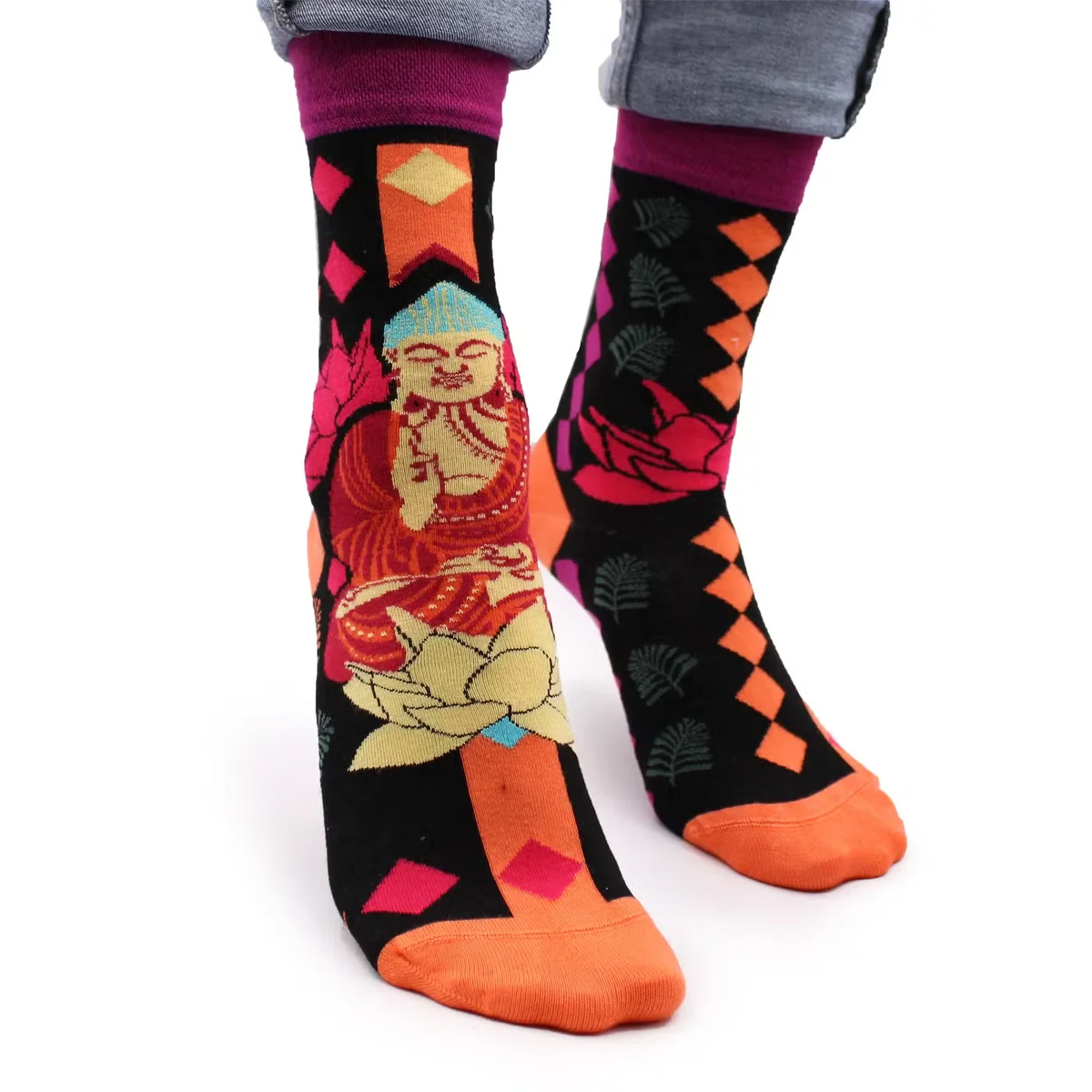 Pair of pink Buddha lotus socks in size S/M made from bamboo fabric by Hop Hare shown flat on white background