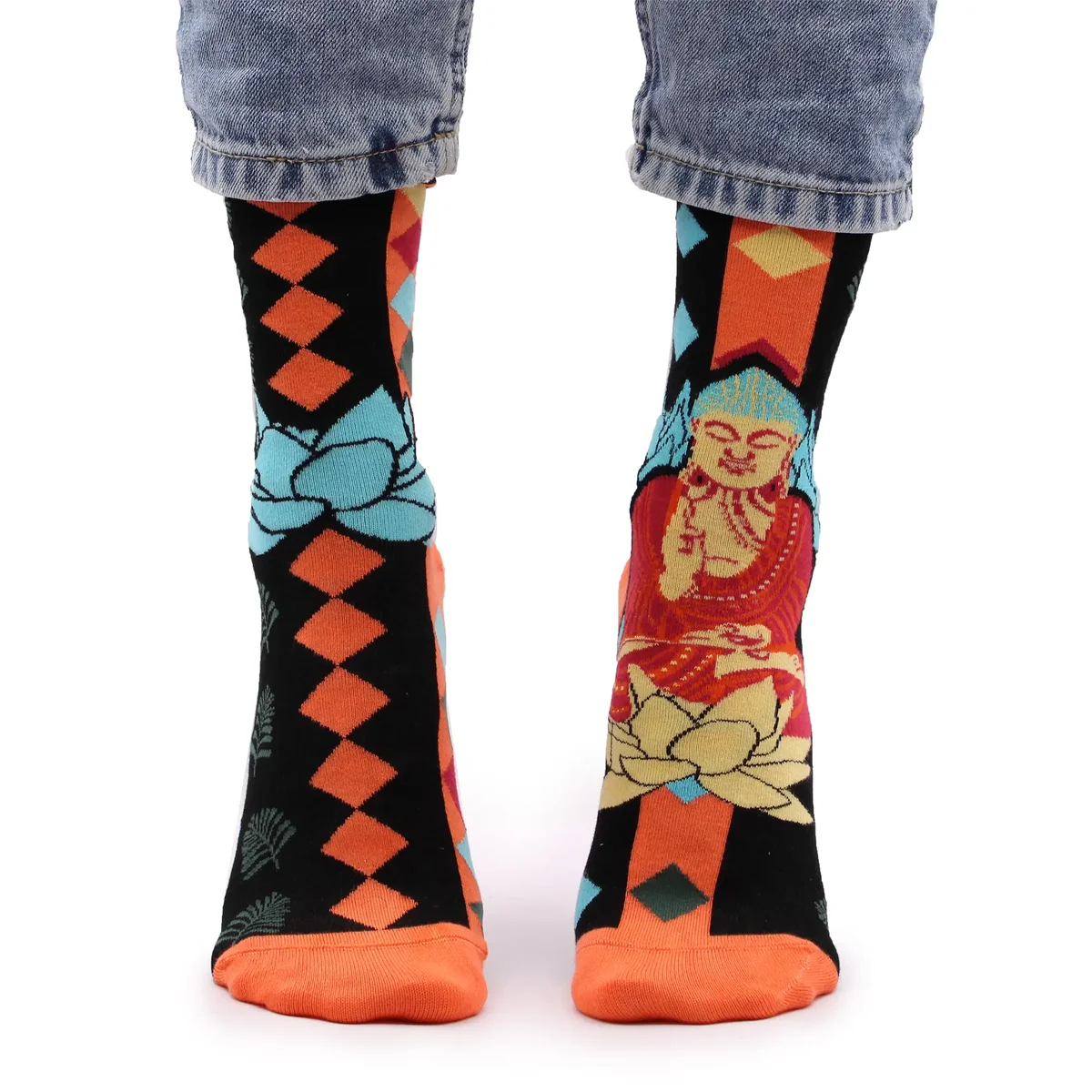 Pair of blue bamboo socks with Buddha and lotus designs, size S/M by Hop Hare