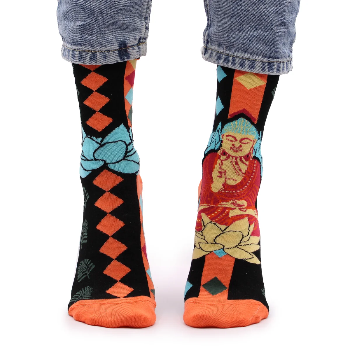 Pair of blue Buddha and lotus patterned bamboo socks s/m displayed flat on white background
