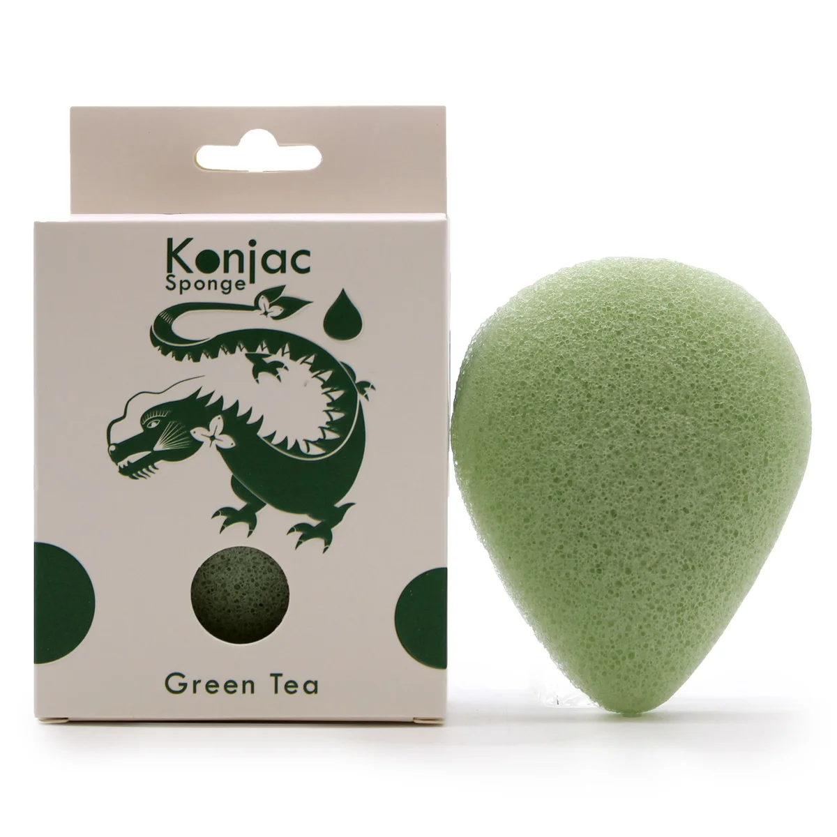 Teardrop-shaped konjac sponge green tea color with natural texture for protective skincare use