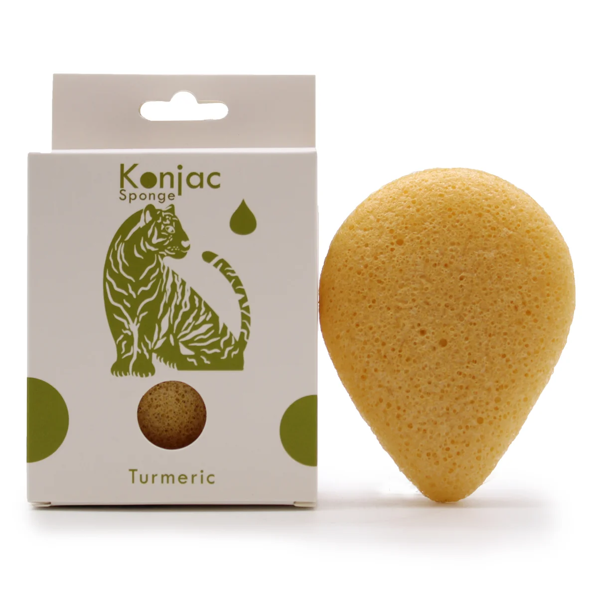 Teardrop konjac sponge in turmeric color with smooth texture, designed for anti-wrinkle skincare use