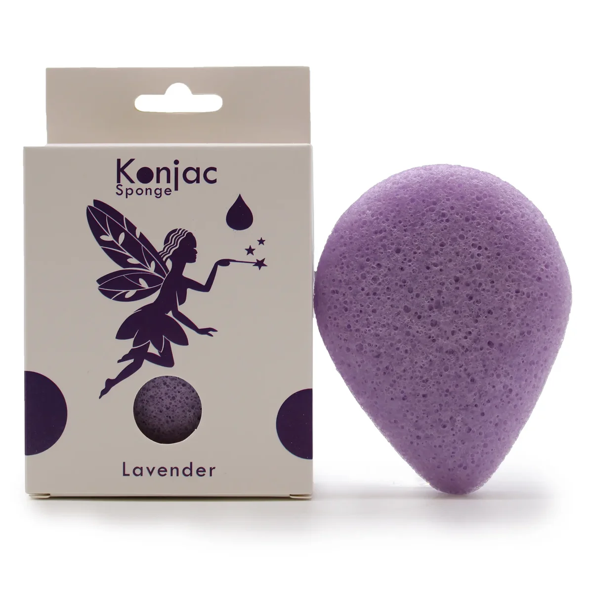 Teardrop-shaped calming konjac sponge infused with lavender, displayed on a white background